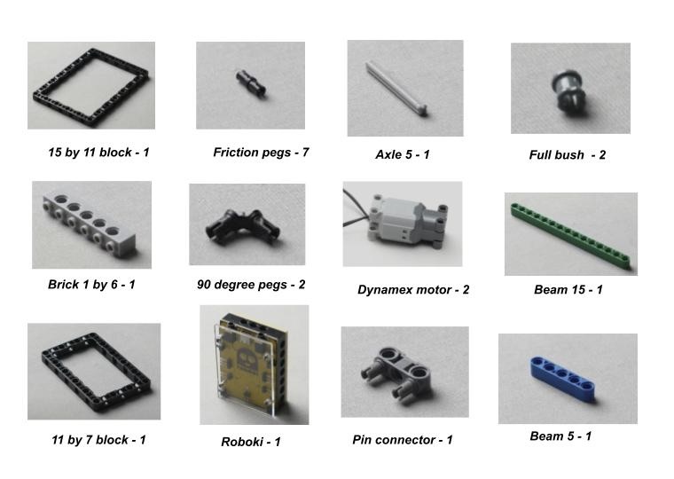 List of components used to build the spin wheel robot, displayed with names and quantities against a white background, detailing parts for our robotic project.