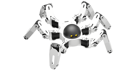 Crawl-e, the six-legged spider robot created by Yudu Robotics, positioned on a white background