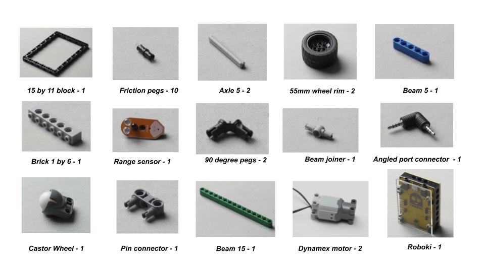 Materials required to build the Obstacle Avoider robot, including motors, proximity sensors, and the Roboki microcontroller. This collection of components is essential for creating an advanced mobile robot that demonstrates obstacle avoidance technology. Ideal for robotics enthusiasts and educational STEM projects, this setup showcases the fundamentals of autonomous robots and electronics projects.