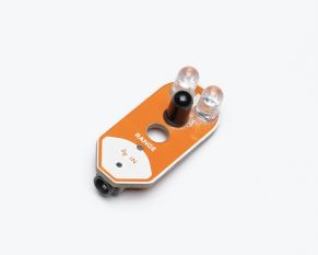 An orange coloured range or proximity sensor by Yudu Robotics displayed on a white background.