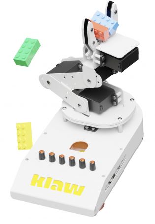 Klaw robotic arm by Yudu Robotics holding building bricks, demonstrating its versatility in gripping and moving objects.