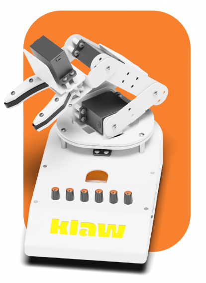 Klaw, a versatile tabletop robotic arm by Yudu Robotics, designed for easy programming and knob control, mimicking human arm movement for educational and hobby projects.