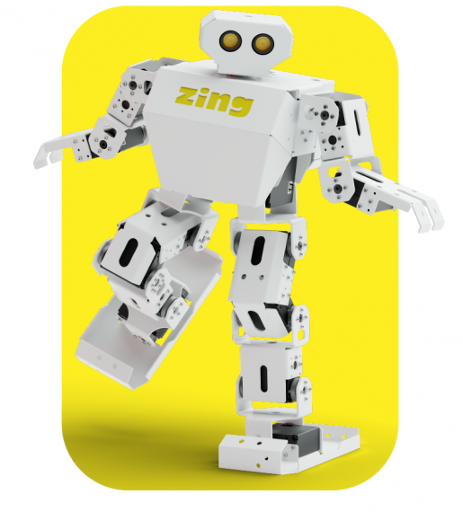 The humanoid robot named as Zing, manufactured by Yudu Robotics is standing on a white background.