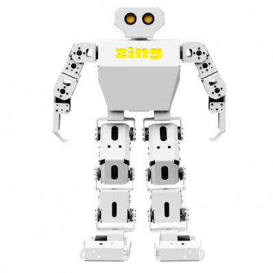 The humanoid robot named as Zing, manufactured by Yudu Robotics is standing on a white background.