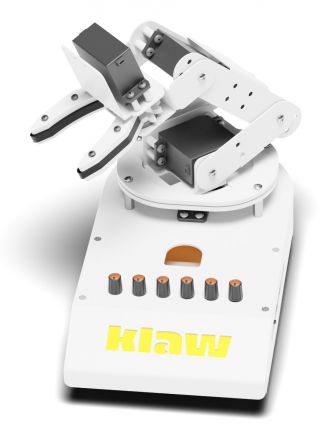 Klaw, a versatile tabletop robotic arm by Yudu Robotics, designed for easy programming and knob control, mimicking human arm movement for educational and hobby projects.