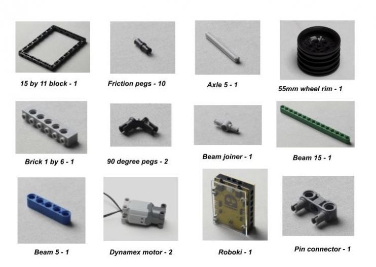 The materials required to build the Object Finder Robot, showcasing essential components for this AI-powered project. This robotics kit includes the Roboki microcontroller, motors, and sensors needed for creating a smart robot that can detect and identify objects. Ideal for young engineers and robotics enthusiasts, this project combines hands-on learning with advanced AI recognition technology.